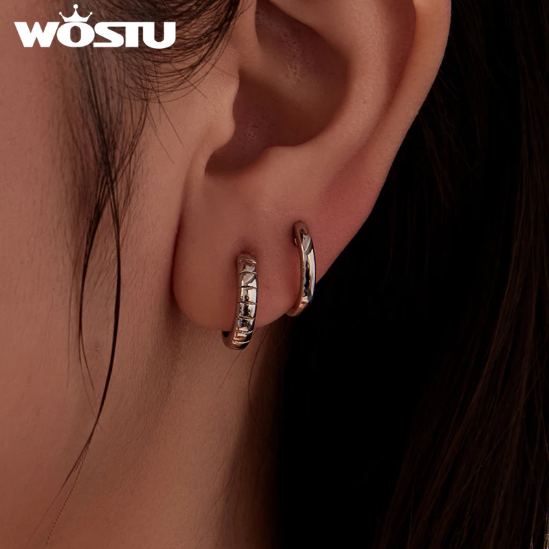 WOSTU Minimalist Platinum Plated 925 Silver Post Round Huggie Ear Cuffs For Women, Simple Round Hoop Earrings Hypoallergenic