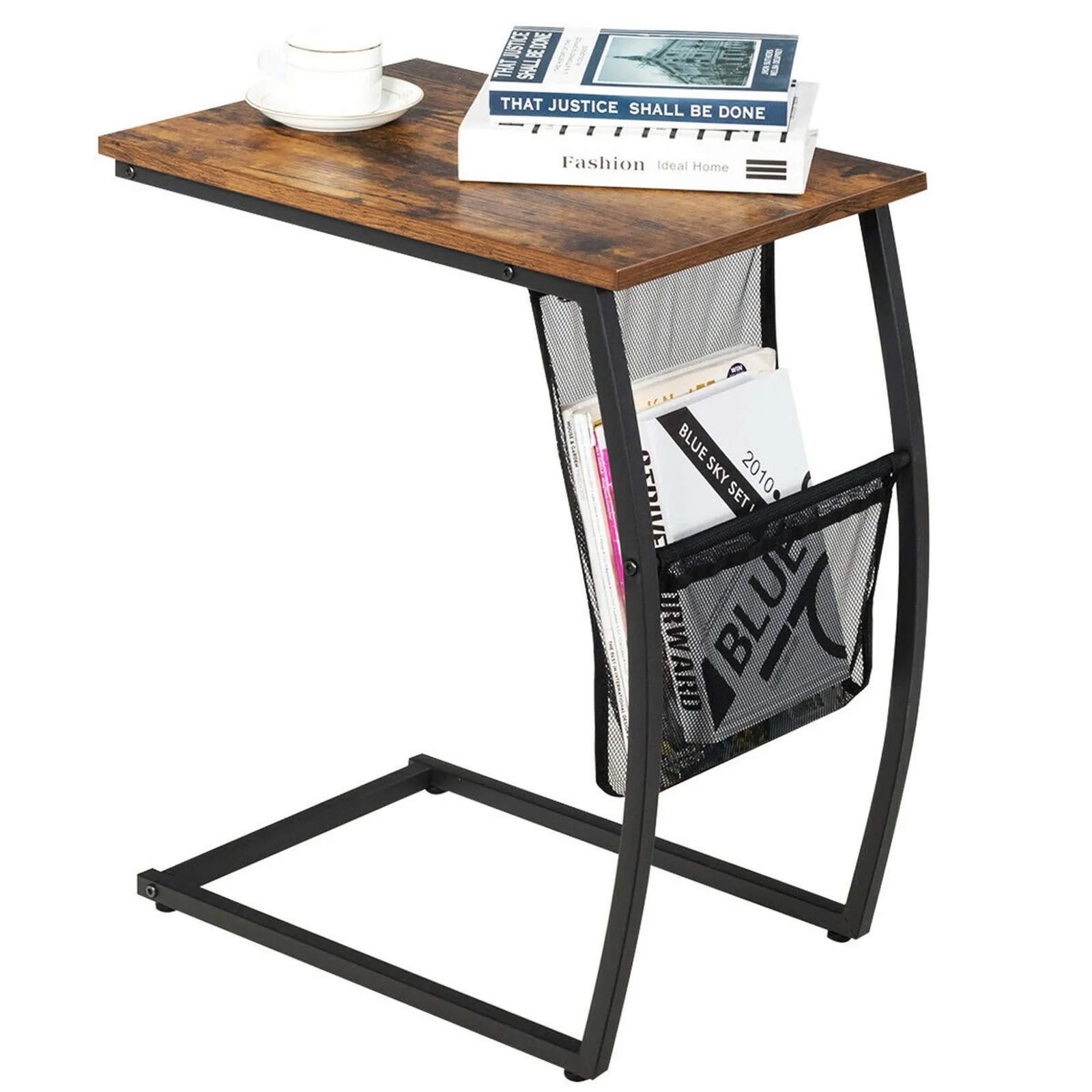 

C-shaped End Side Sofa Table Vintage Accent Snack Laptop Tablet w/ Side Pocket