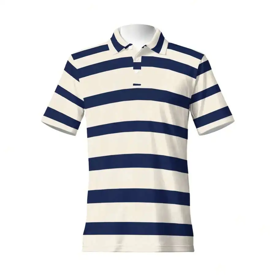 Camisa a rayas horizontales azul y blanca para hombre, top informal con cuello y manga corta