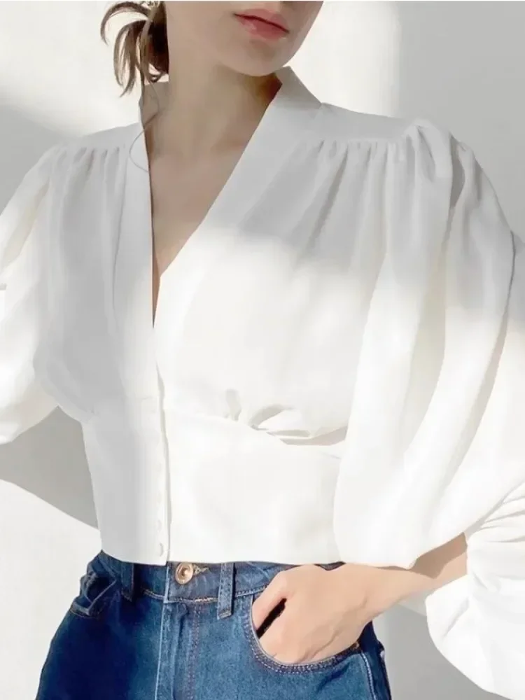 

French V-Neck Shirt, Women'S New European And American Palace Style Lantern Sleeves, Elegant Slim Fit Long Sleeved Shirt
