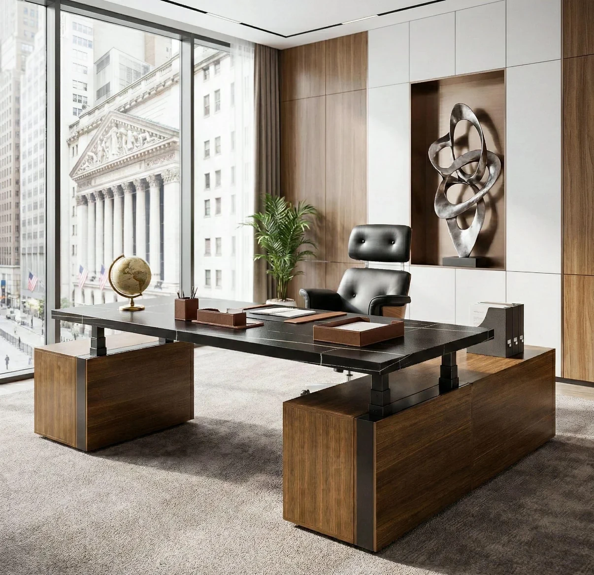 2026 Electric Height Adjustable Executive Desk Black Slate Tabletop Double Side Storage Cabinets Walnut Office Desk For Manager
