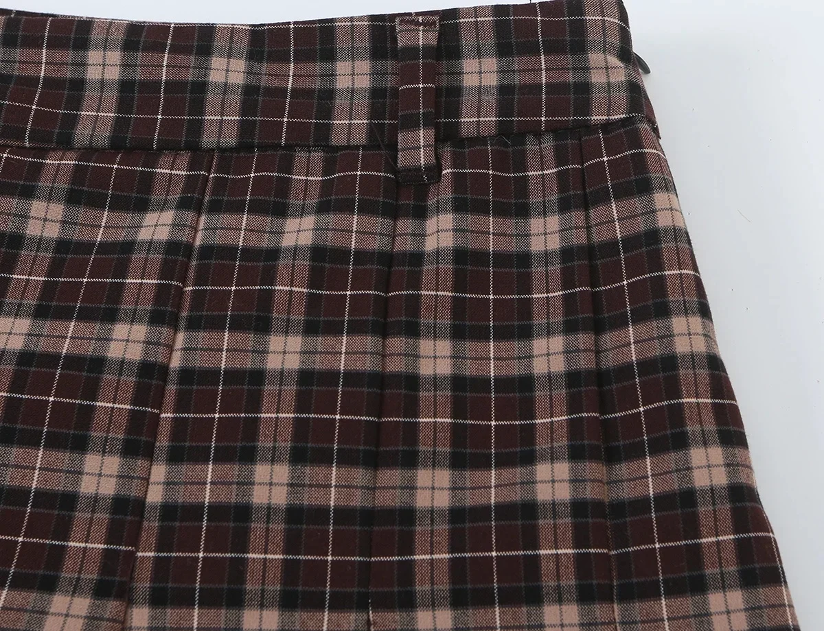 KONDALA Damen Vintage Lässiger Karierter Minirock-Anzug 2026 Herbst Trendiges Klassisches Retro-Set mit Stehkragen-Jacke und Weitgefalteten Culottes – Detail 16