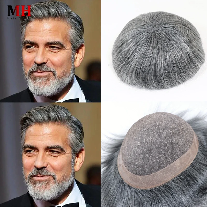 Grey Mens Toupee Hairpiece Human Hair Systems Poly Mono Lace Npu Base Prosthesis Male Wig For Hair Loss Patch #1B60