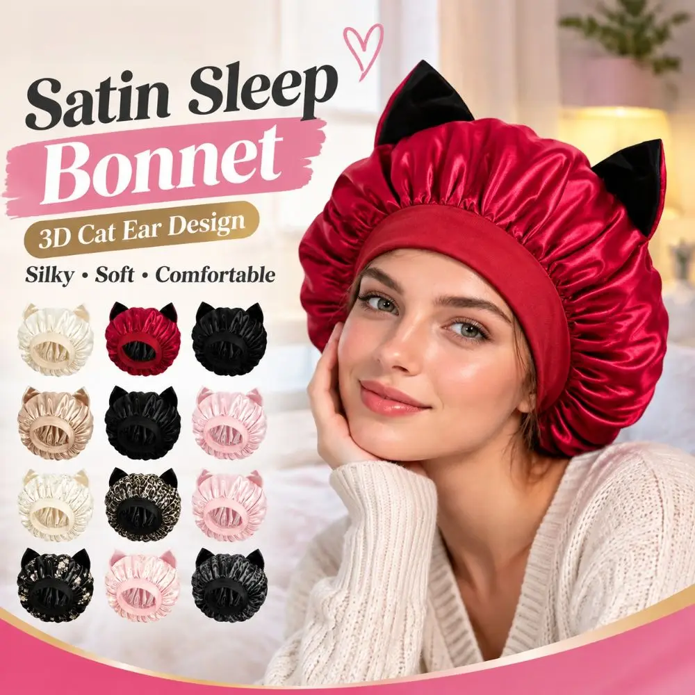 Silky Smooth Satin Hair Bonnet Breathable Elastic Band Cat Ear Sleep Cap Lightweight Anti Frizz Hair Protection Hat Night Sleep