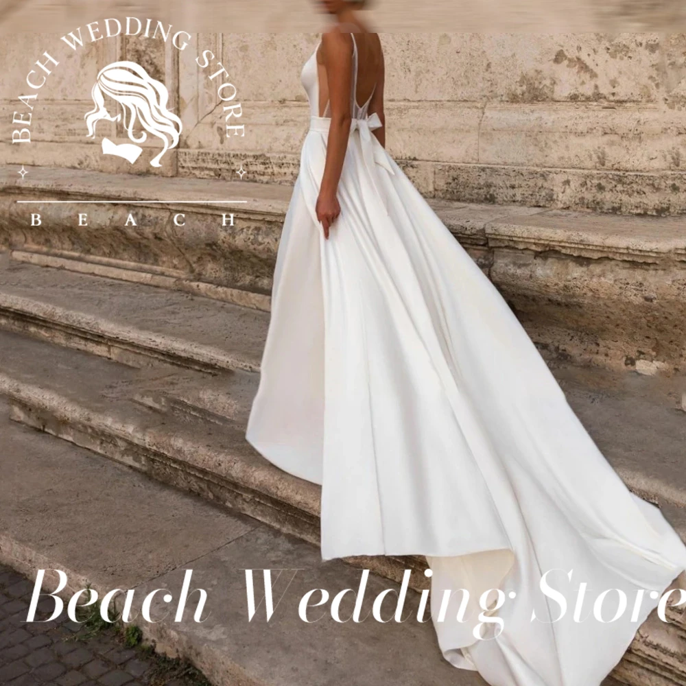 Beach Customized Wedding Women V Neck Backless A Line Satin Sleeveless Sexy Simple Bride Dress Beach Bridal Gowns Robe De Mari