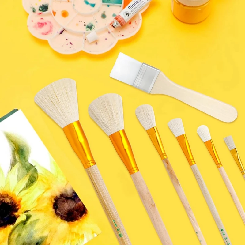 7 Pieces Paint Brushes For Acrylic Painting Mop Brush With Wooden Handle Crafts Face Body Art Oil Painting Easy To Use