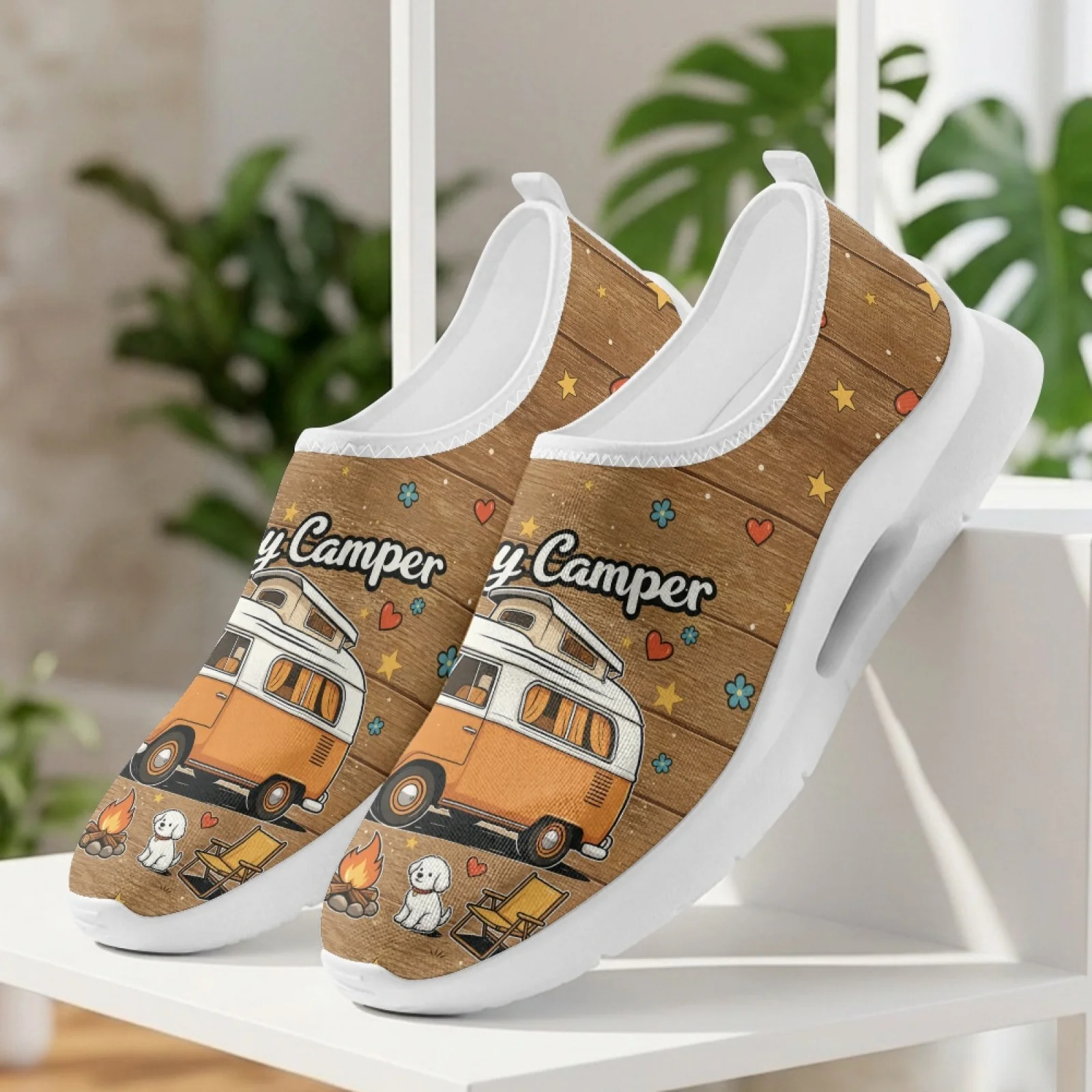PENSTROLL Happy Camper Van Print Breathable Nurse Shoes for Men Running Mesh & EVA Casual Walking Flats Lace-Up Shoes