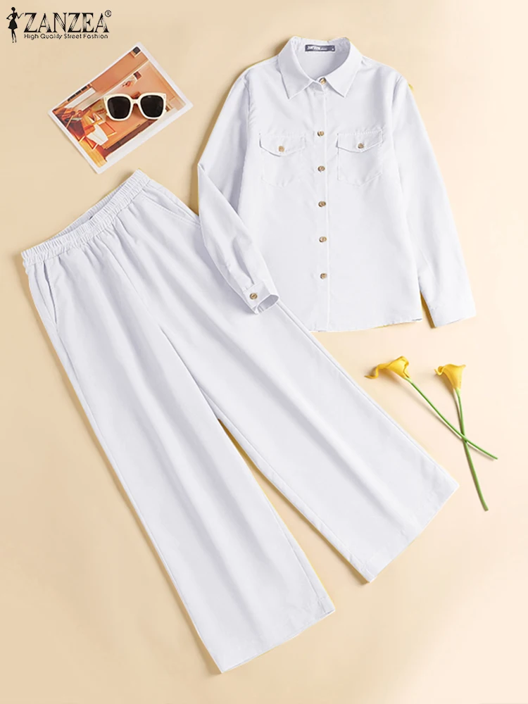 Elegant Women Autumn 2 Pieces Sets 2pcs Outfits Long Sleeve Shirt Loose Pants Sets 2025 ZANZEA Stylish Casual Solid OL Work Suit