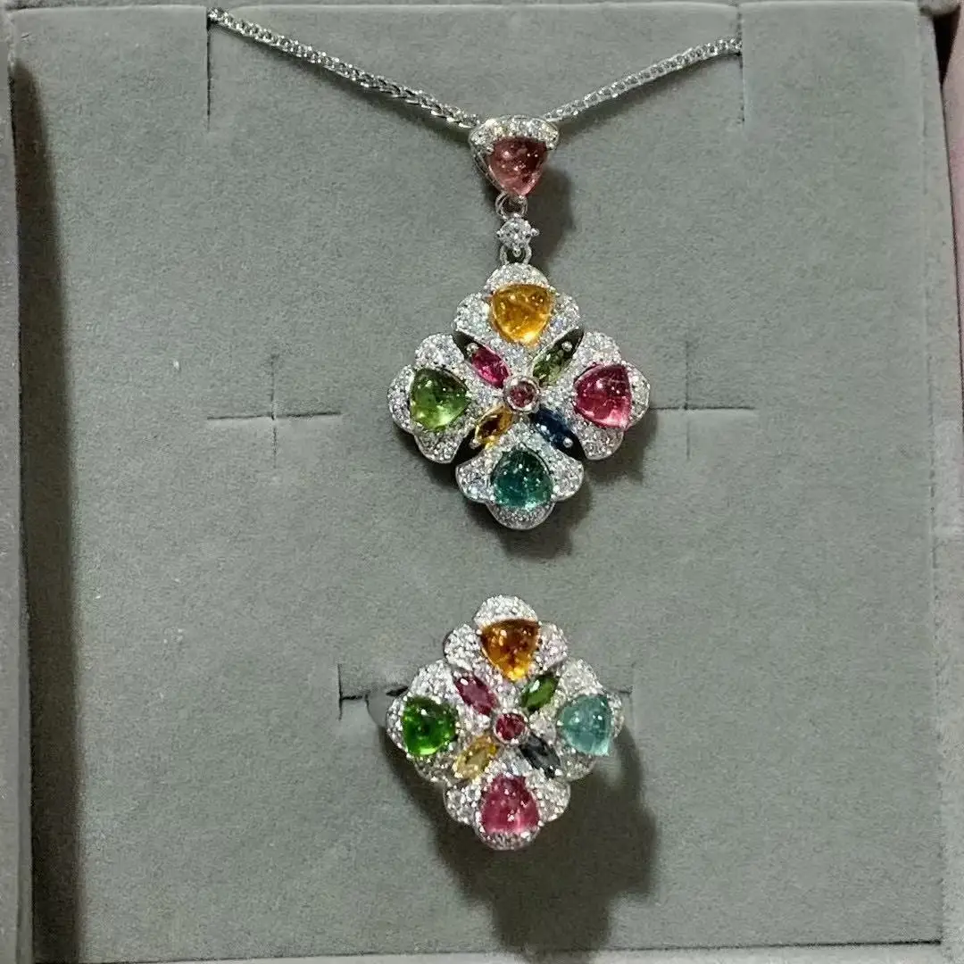 

Natural Tourmaline Jewelry Set 4.5x4.5mm, S925 Sterling Silver White Gold Plated Necklace Ring