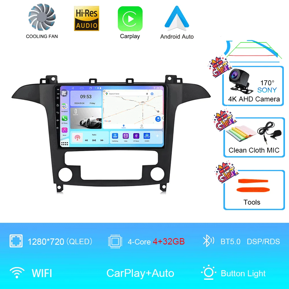 Android 16 voor Ford S-Max S-MAX 2007 2008 2009 2010 2011 - 2015 Videospeler Carplay Auto Multimedia Autoradio WIFI+4G DSP Stereo - afbeelding 1