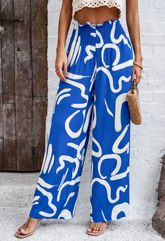 

Elegant Temperament, Contrasting Stripes Printed Patterns Lace Pleats, Elastic Waist, High Waist, Loose Wide Legs, Casual Pants