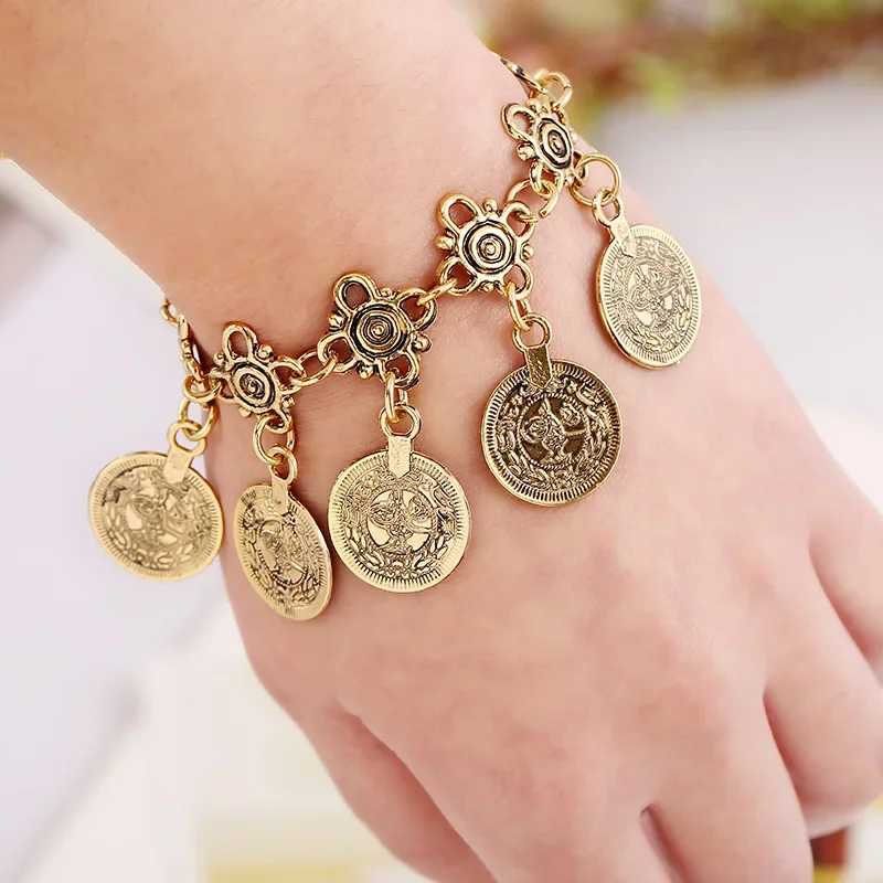 Ancient Coins Bracelet Vintage Carved Ancient Coin Tassel Bangle Hippy Boho Jewelry for Islamic Muslim Arab Middle Eastern Gift