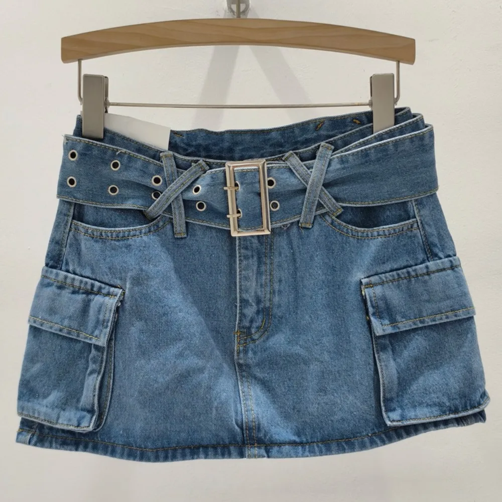 

belt short denim skirt for women spring/summer pockets high waist A-line stretch short skirt