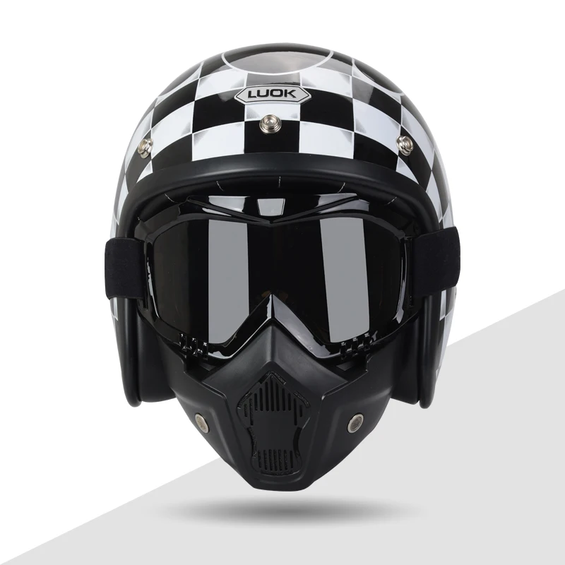 

KEAZ Dot Approved Black White Plaid Open Face Motorcycle Helmet For Adults Cruise Vespa Mot Helmet With Retro Goggle Mask