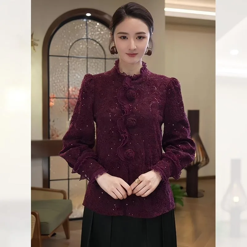 

Purple Shirt for Women 2025 New Temperament Casual Stand Collar Long Sleeve Versatile Elegant Autumn and Winter Lace Top