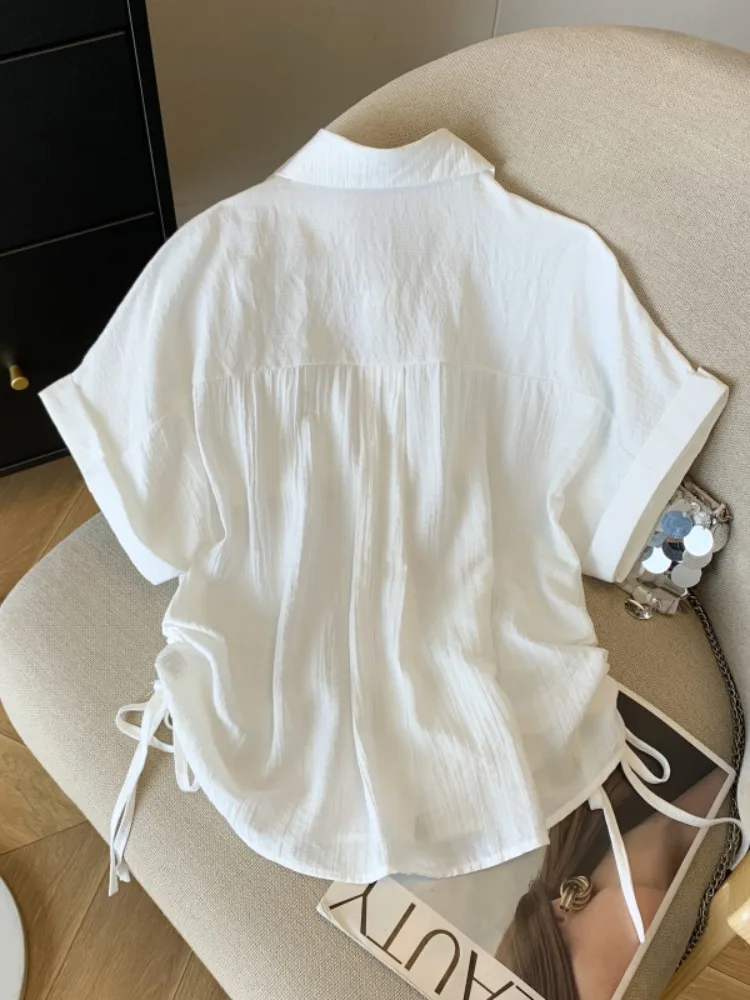 Blanc ort Sve décontracté irt femmes été 2025 nouveau Design ample coréen polyvalent ort Dstring haut trajet Sle