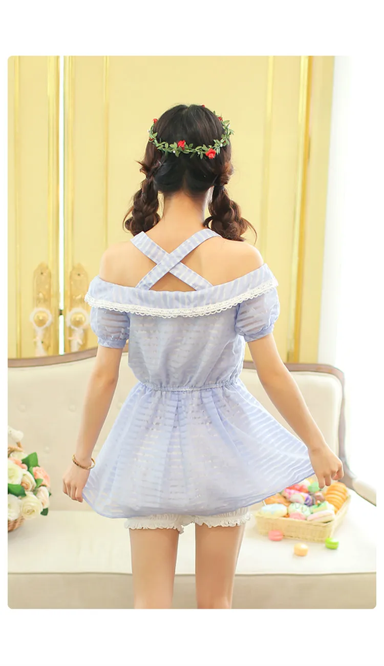 Sales Japanese Liz Lisa Lace Chiffon Off Shoulder Spaghetti High Waist Organza Top Dress