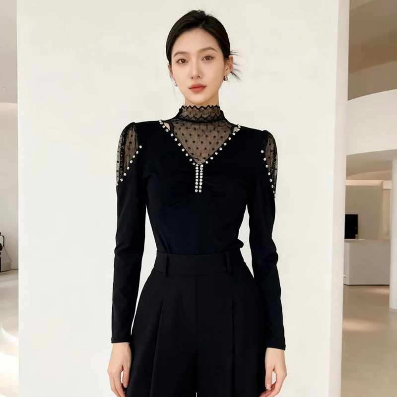 

2026,Европейский,Одежда,Хлопок,Футболка,Мода,Сексуальный,Мякий вырез,Пэчворк,Кружево,Алмаз,Женские,Топы,Длинный рукав,Универсальные,Тюльники,511010