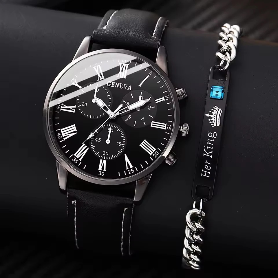 2個セット メンズ スタイリッシュ クォーツ腕時計 ローマ数字＆キングブレスレット アナログ PUレザー腕時計 ミニマリスト ビジネスウォッチセット