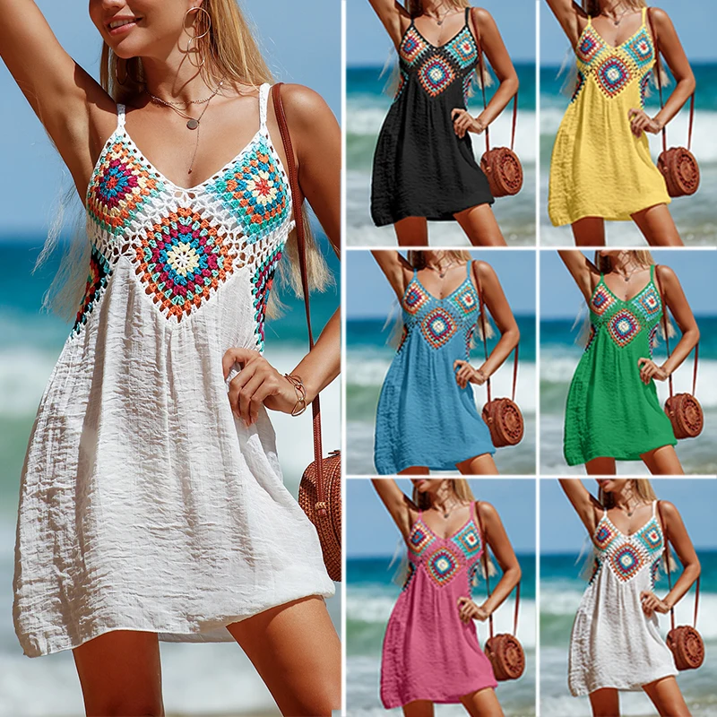 

Crochet Knitted Splicing Colorful Pattern V Neck Tunic Beach Wear Hollow Bikini Cover Up Dress Beach Wear Sarong Swimsuit