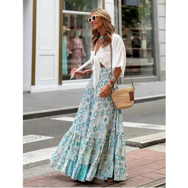 Blue Big Swing Half Skirt For Women 2024 New Product A-line Swing Flower Printed Half Skirt Ladies Beach Vacation Leisure Style