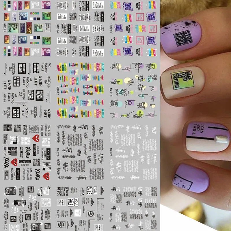 12Designs Geometry Letter Nail Water Decals Flower Leaf Slider Sticker Watercolor Floral Lines Nail Sticker Manicure Decoration