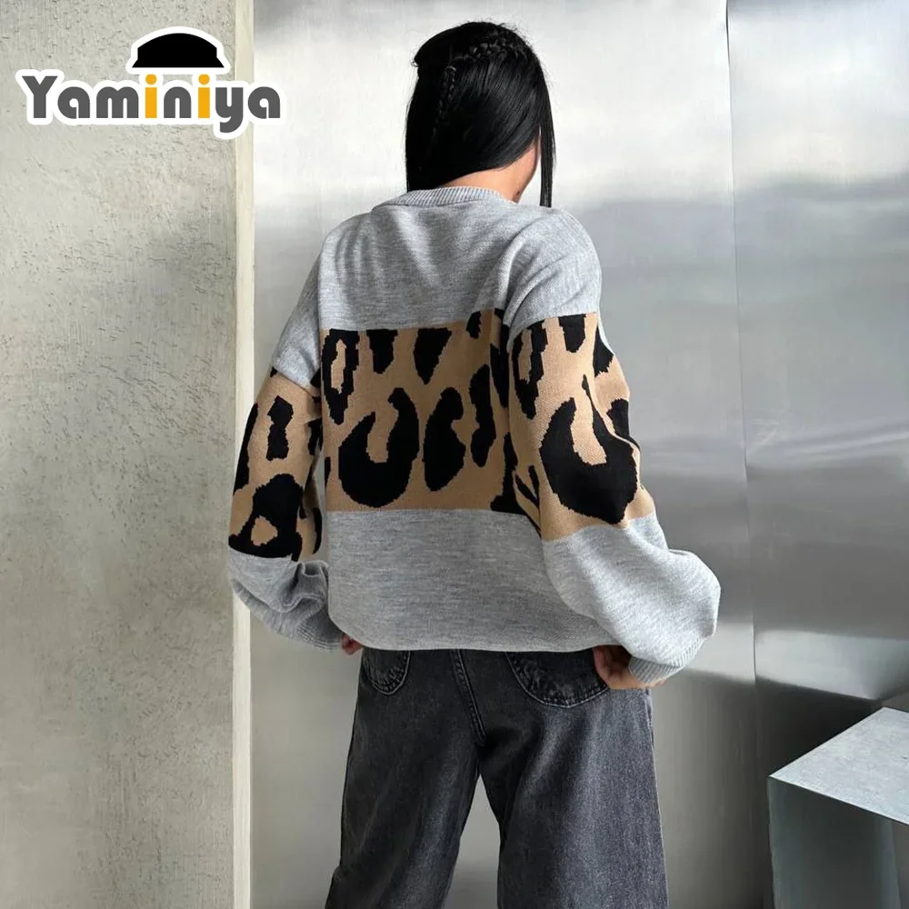 2024 NEW Winter Sweater Long Sleeve O-Neck Casual Print Stitching Leopard Women's Leopard Knit Sweater Loose Knitwear Outwear