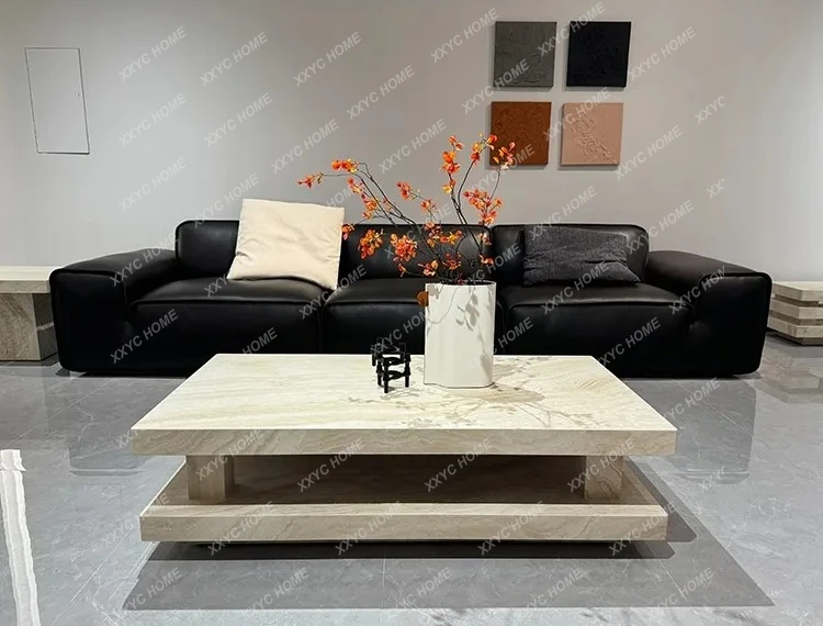 Medieval Cream Style Imported Natural White Cave Stone Marble Long Coffee Table Tea Table