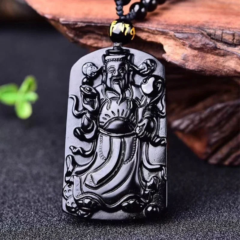 

Natural Black Obsidian Hand Carved God of Wealth Jade Pendant Fashion Boutique Jewelry Men and Women Necklace Gifts