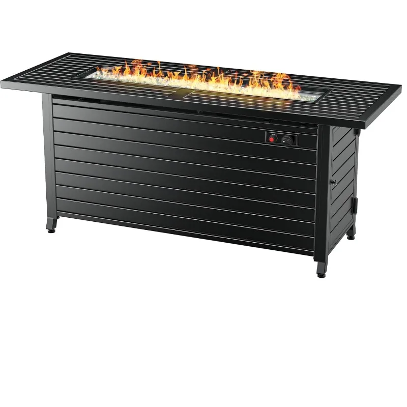 

57 Inch Propane Fire Pit Table, 50000BTU Outdoor Gas Fire Pit, 2 in 1 Rectangular Firepit w/Lid, Glass Beads ETL Certified Black