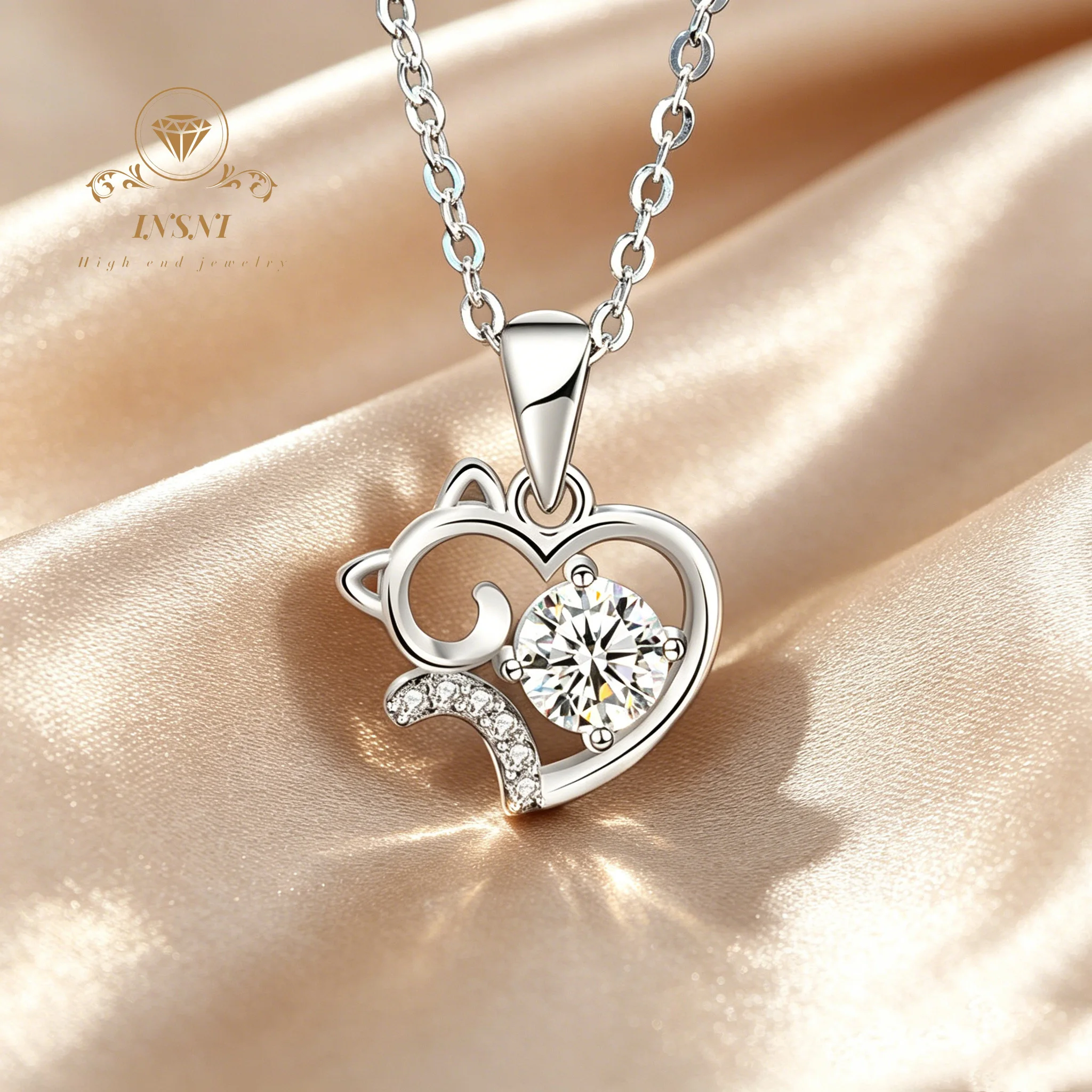 

Cute Cat 925 Silver Necklace Summer Niche Moissanite Collarbone Pendant Jewelry Birthday Gift for Girlfriend Light Luxury