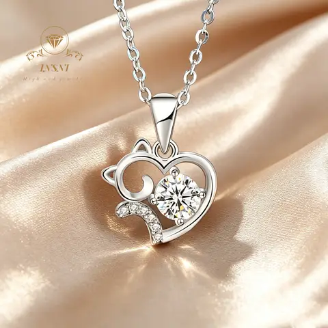 Cute Cat 925 Silver Necklace Summer Niche Moissanite Collarbone Pendant Jewelry Birthday Gift for Girlfriend Light Luxury