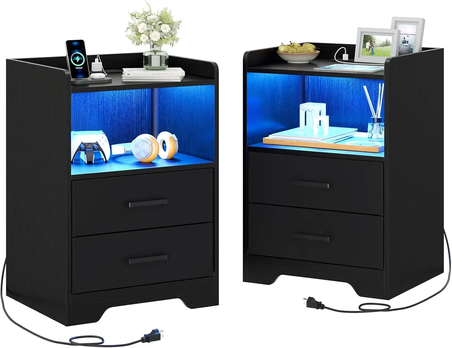 Modern Black Set of 2 Bedside Nightstands Charging Station LED Lights Fabric Drawers Furniture for Bedroom Storage Solution