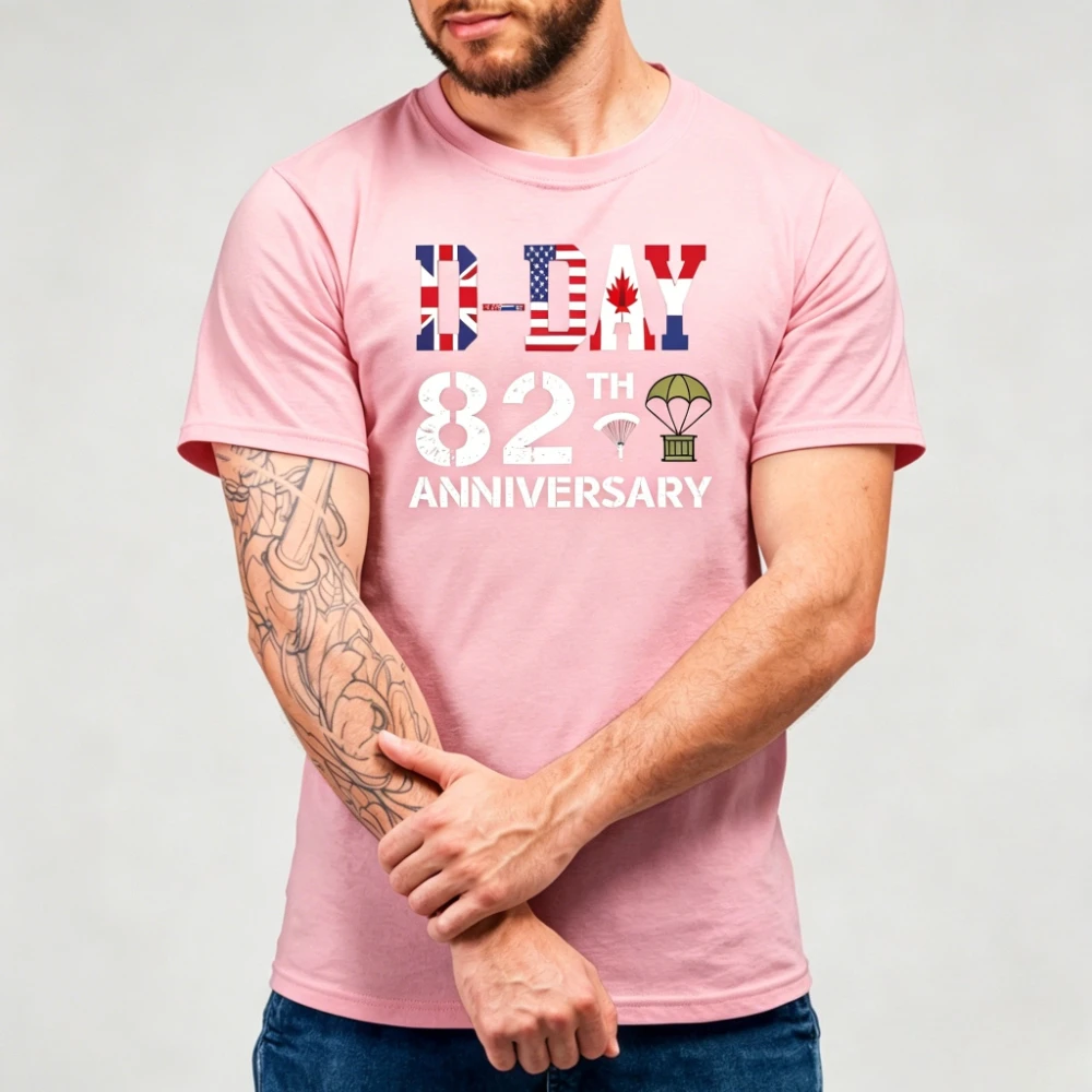 D-Day 82nd Anniversary Graphic T-Shirt Vintage Allied Flags Print Shirt Normandy Landing Commemorative Patriotic History Tee view 5