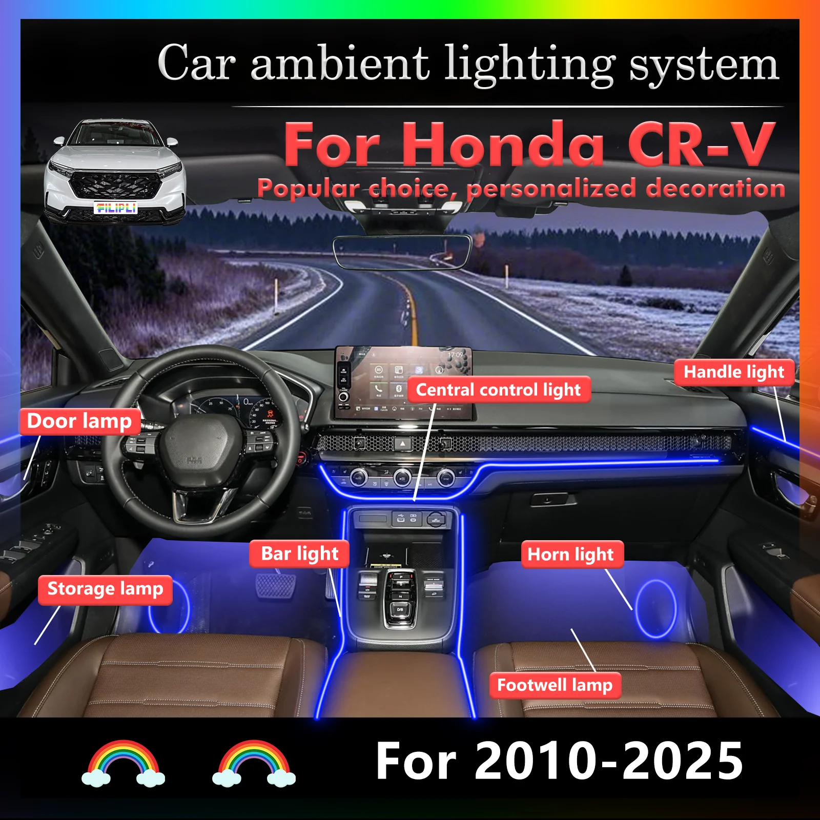 

Набор 22-в-1 для Honda CR-V FD2 ‌ FK2 ‌ Светодиодные лампы для автомобиля FK8 FL5, цветная атмосферная подсветка, неоновая лента для салона авто, 64 RGB-цвета