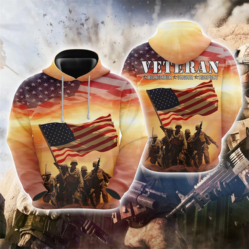 

US Veteran Graphic Sweatshirts America Soldier 3D Print Hoodie For Men Clothes Animal USA Flag Eagle Tracksuit Casual Boy Tops