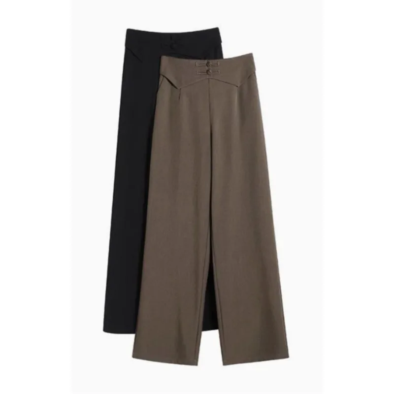 Neue Chinesische Stil Anzug Hosen frauen Frühling Herbst 2025, Bequeme Schnalle Hohe Taille Dünne Lose Gerade Wischen Breite Bein hosen