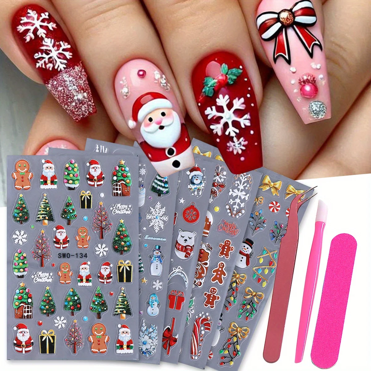 5 stücke Weihnachten Serie Matte Nagel Aufkleber Santa Weihnachten Baum Schneemann Design Aufkleber Geschenk Mit Pinzette Drücker Datei Werkzeuge maniküre Set