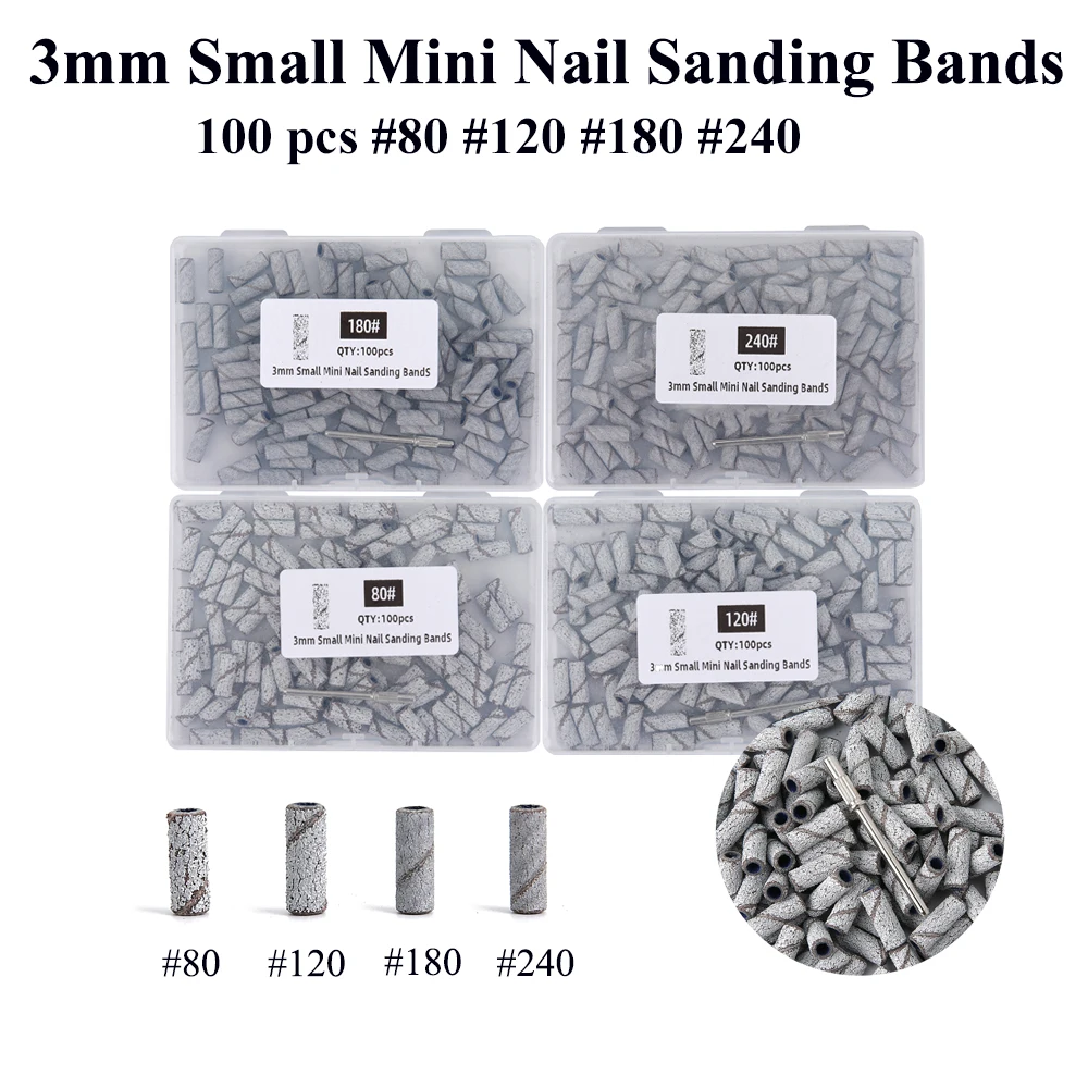 100pcs/box 3mm Small Mini Nail Sanding Bands with 80/120/180/240 Four Stypes For Nail Drill Bit Mandrel For Manicure Pedicure