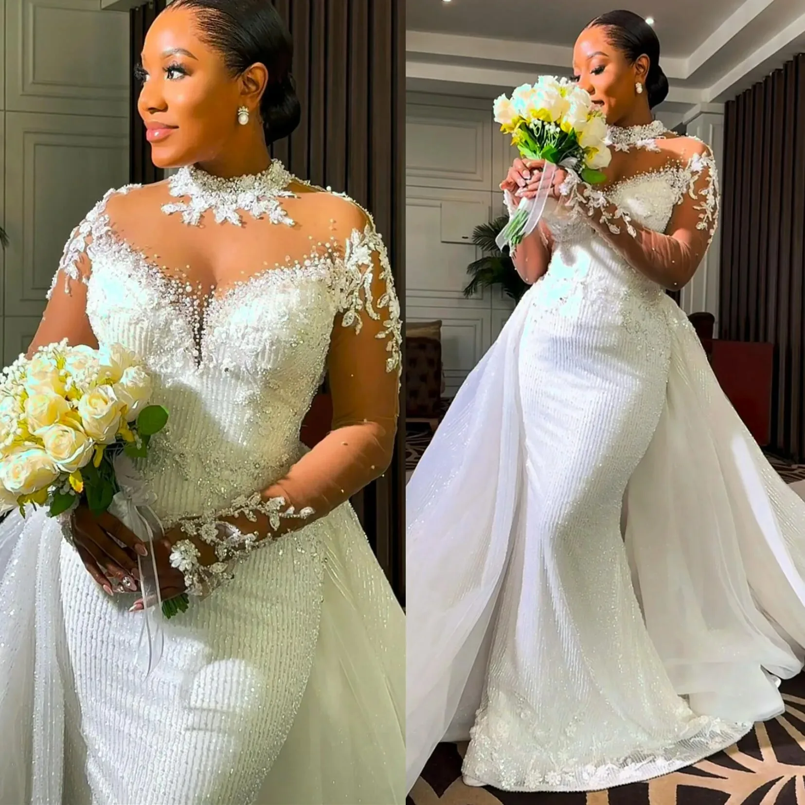 

Customize High Collar Shinny Full Beads Crystals Wedding Dress with Removable Skirt Long Sleeves Aso Ebi Plus Size Bridal Gown