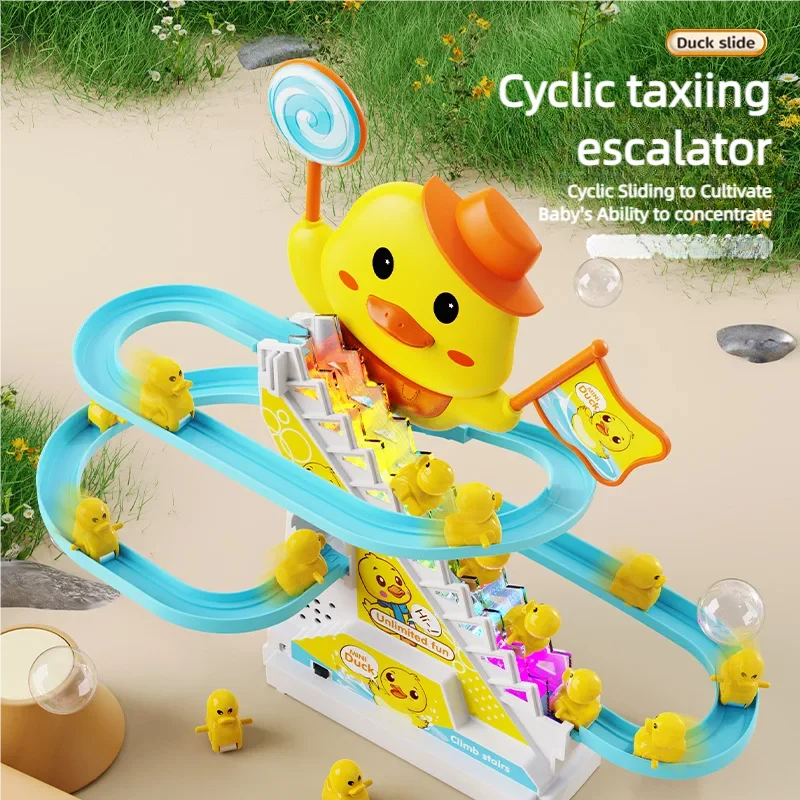 

Small Yellow Duck Climbing Stairs Assembly Track Toy Light Music Slide Track Roller Coaster Toy Children Education Fun Toys Gift