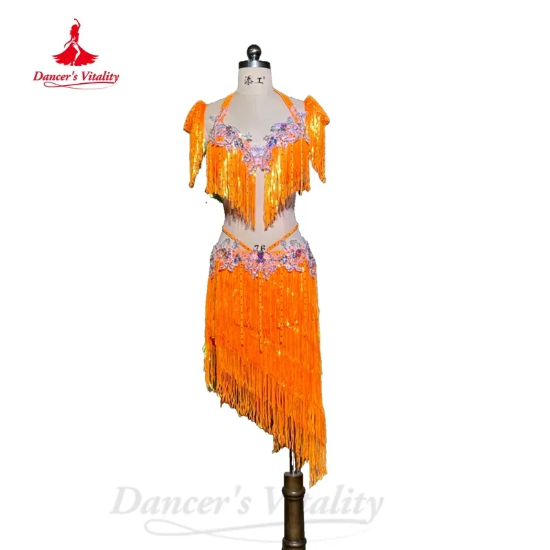 BellyDance Costume Women\'s Customization Senior AB Stones Bra+sexy Split Tassels Skirt 2pcs Oriental Dance Performance Costumes