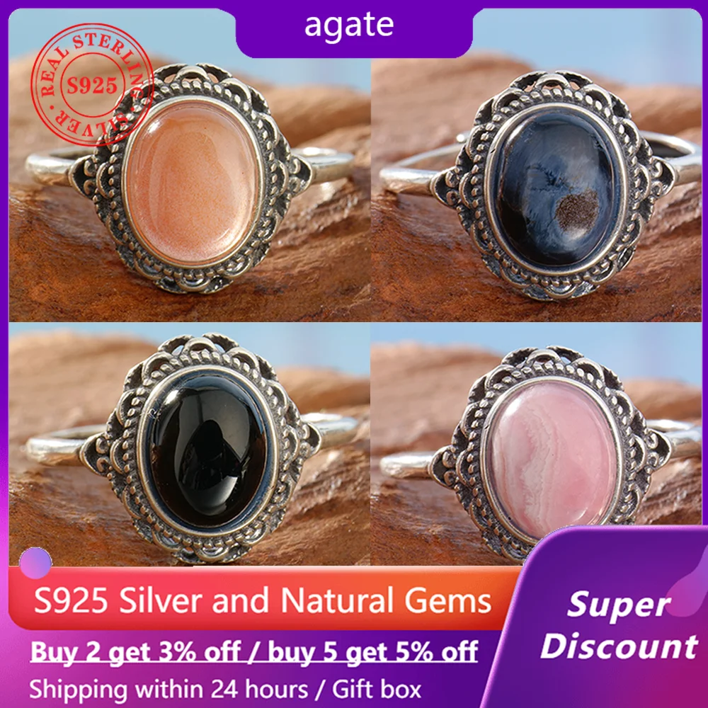 

Retro 925 sterling silver ring for women with 7 * 9mm natural agate/peridotite/redstone, exquisite crystal jewelry birthday gift