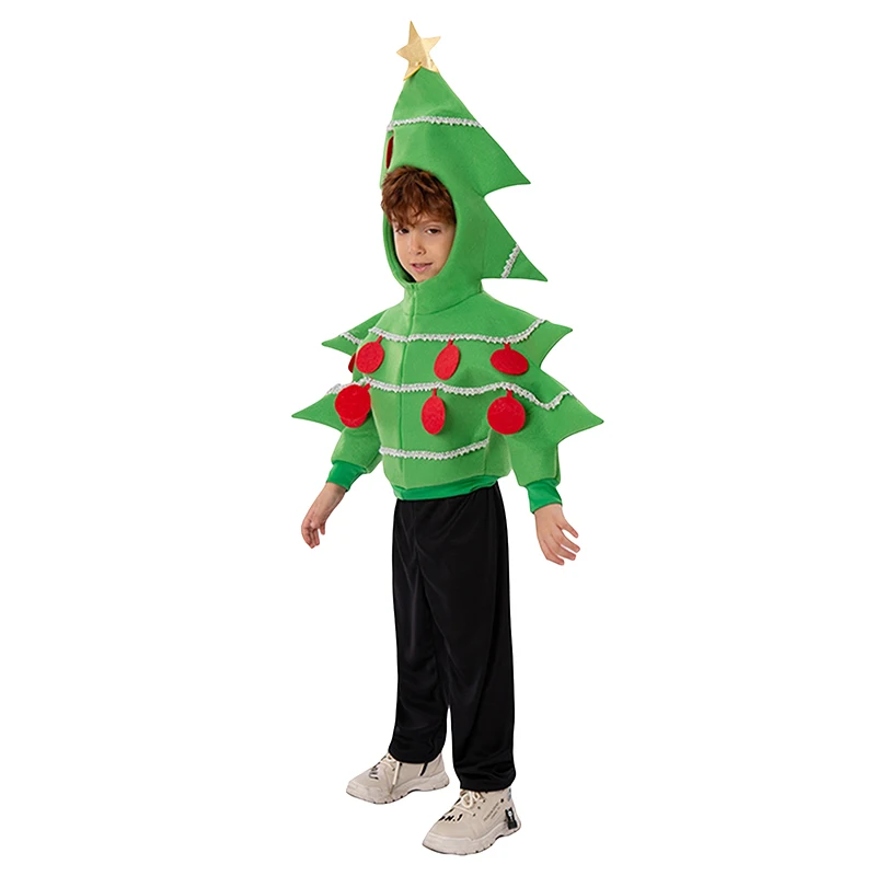 Kids Boys Girls Christmas Tree Costume Long Sleeve Hood Coat Holiday Apparel Accessories Cosplay Outfit