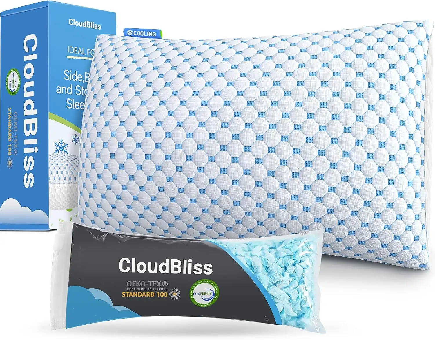 

Регулируемая охлаждающая подушка из измельченной пены с эффектом памяти - размер Queen для сна на боку/спине/на животе, со съемным чехлом