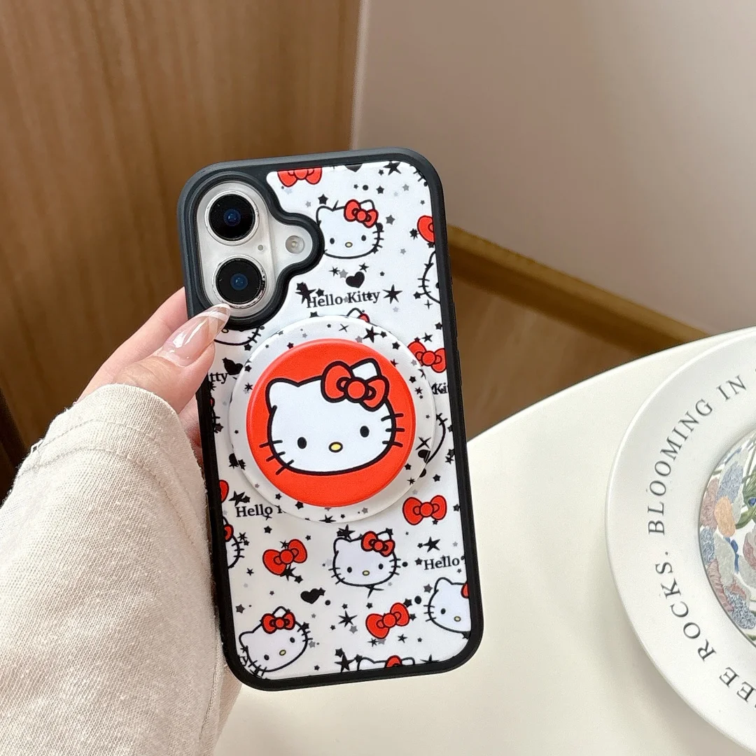 

Korean cute cartoon hello kitty cats bowknot Magsafe phone case for iPhone 15 13 14 16 Pro Max magnetic holder cover﻿
