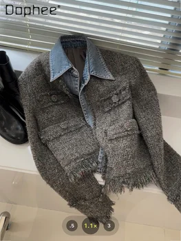 세련된 데님 패치 워크 자켓 여성 2024 가을 새로운 술은 칼라 포켓 짧은 코트 통근 한국 패션 레트로