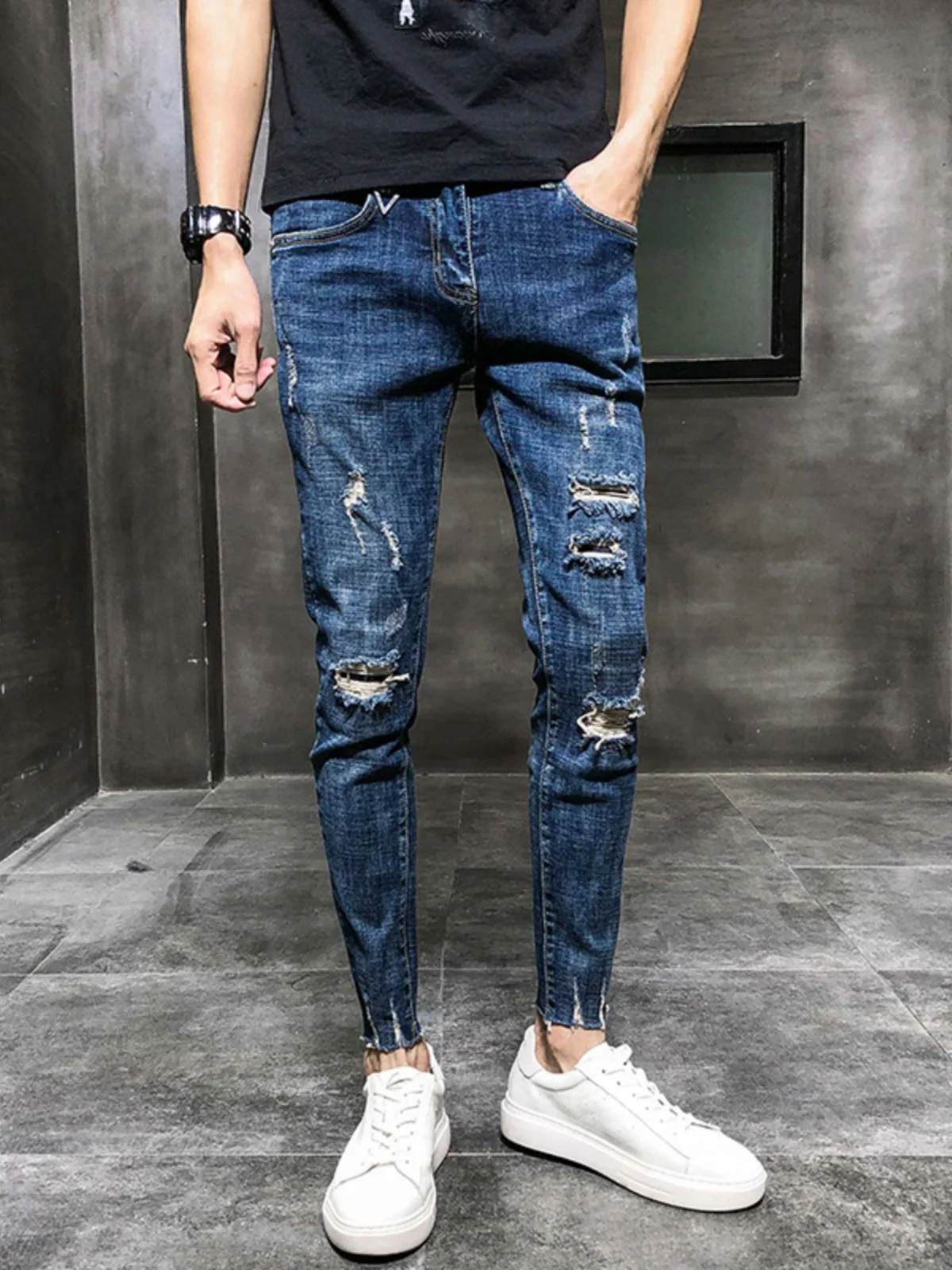 

Spring Autumn Thin Patchwork Hole Denim Jeans Men's Trendy Brand Slim Fit Elastic Poor Man's Pants Men's Nine Points Pants