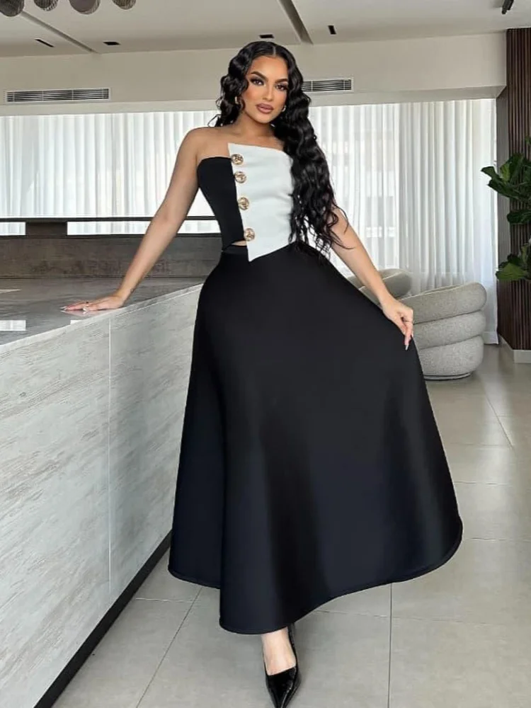 

Sister Star Suit Colorblocking Wrap Top High Waist A-line Bustier Skirt Elegant Light Dress Commuter Vacation Two-piece Set