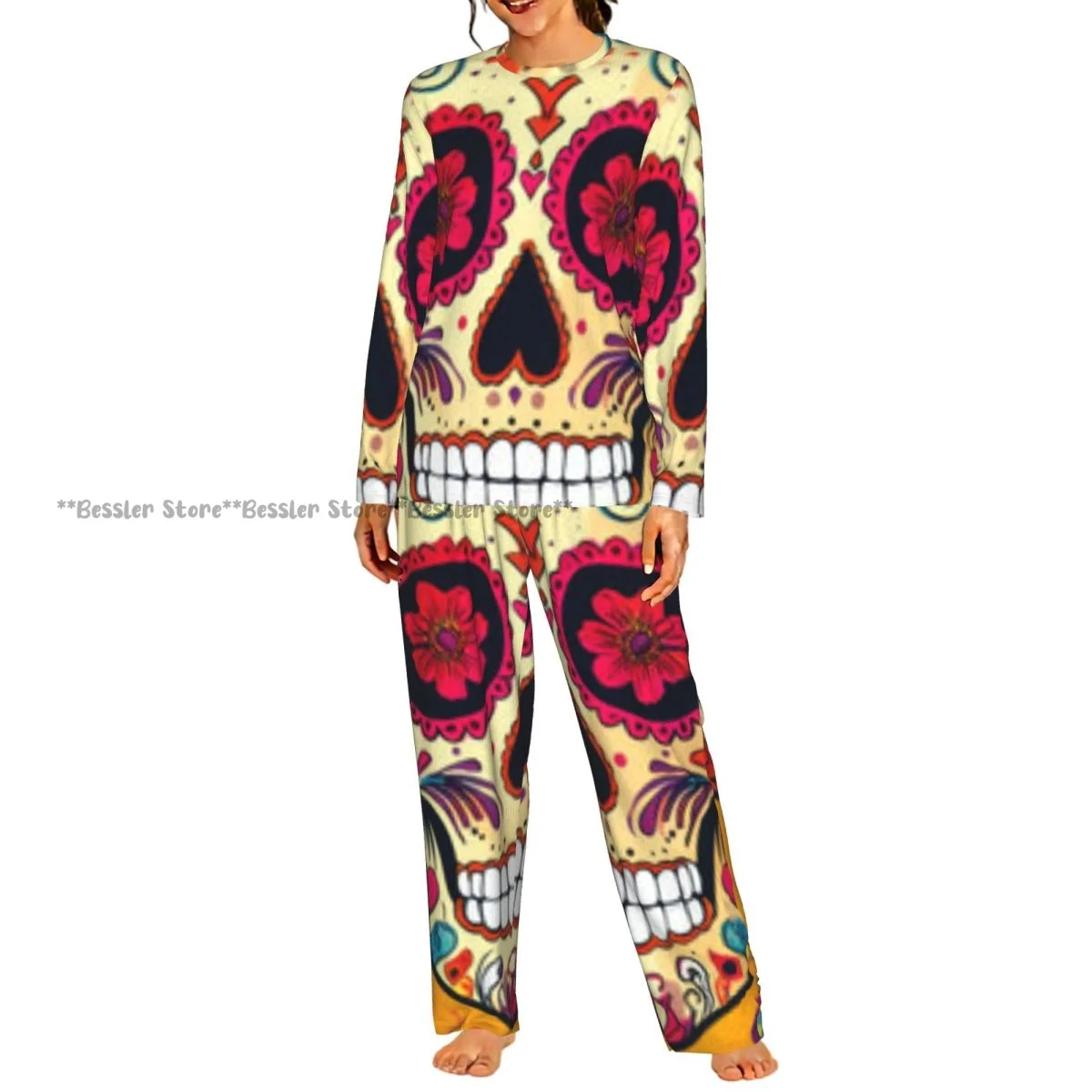 Women Round Neck Pajama Suit Long Sleeve Tops Long Pants Skull With Flowers And Butterflies Ladies Nightwear Home Outfit